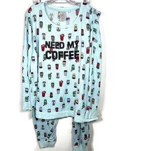 Secret Treasures 2X NEED MY COFFEE Jogger Pajama Set Green blue Year-Round Cozy
